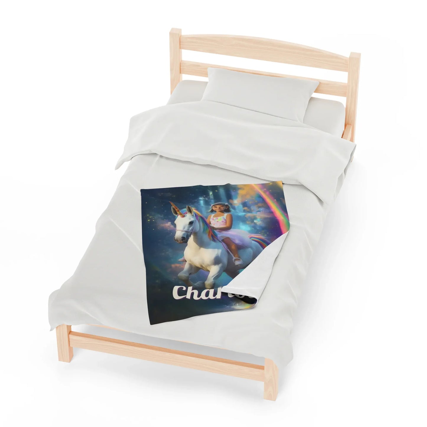 Eenhoorn deken met foto en naam 30x40 cm op 1-persoons bed