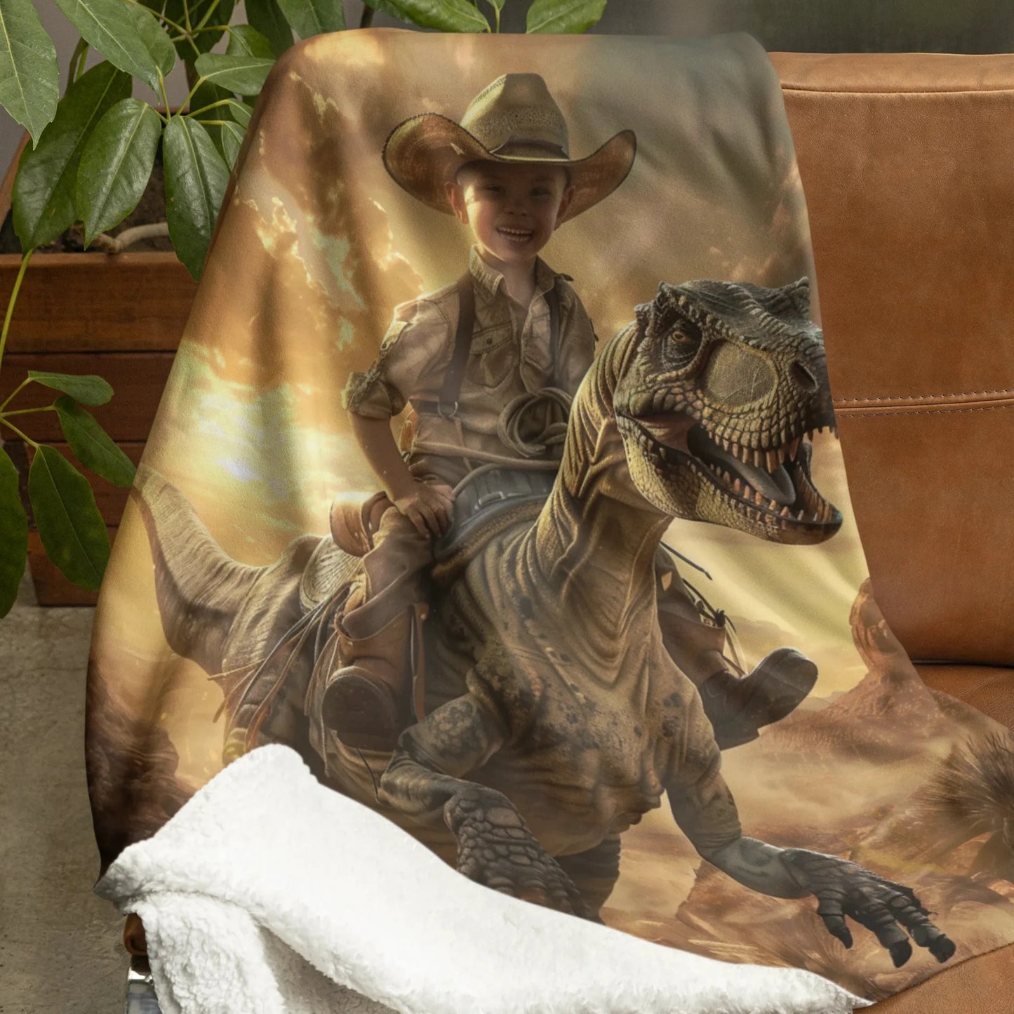 Dinosaurus fleece deken met hoofd op sofa