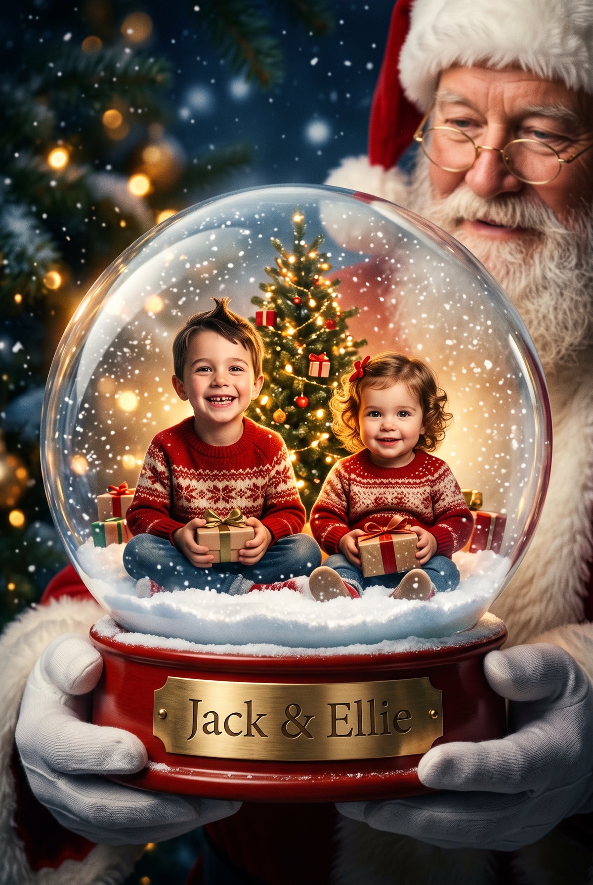 Personalized Christmas snow globe portrait shown on canvas