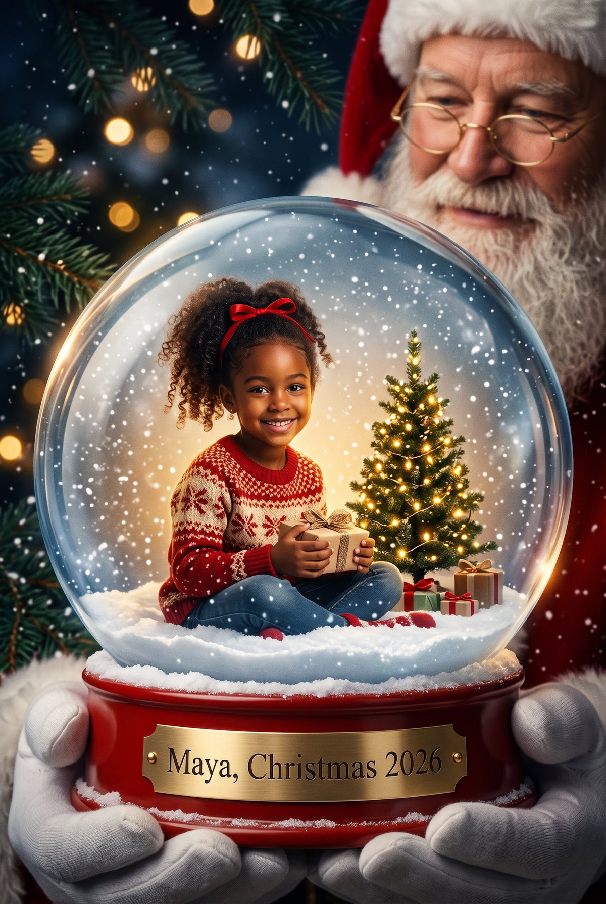 Personalized Christmas snow globe portrait shown on canvas