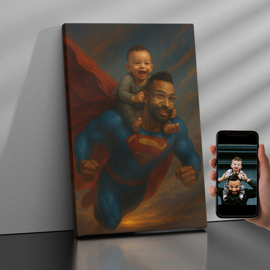 Gepersonaliseerd canvas Vader en kind superhelden portret 1