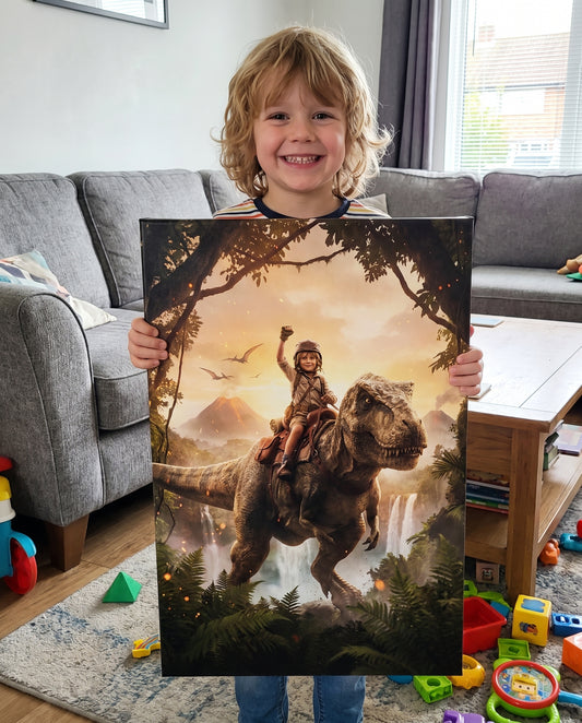 A young child with blonde hair holds up a large vertical canvas print featuring a prehistoric scene of a child riding a T-Rex dinosaur under a warm sunset sky. The child is standing in a living room with a gray sofa and toys on the floor.