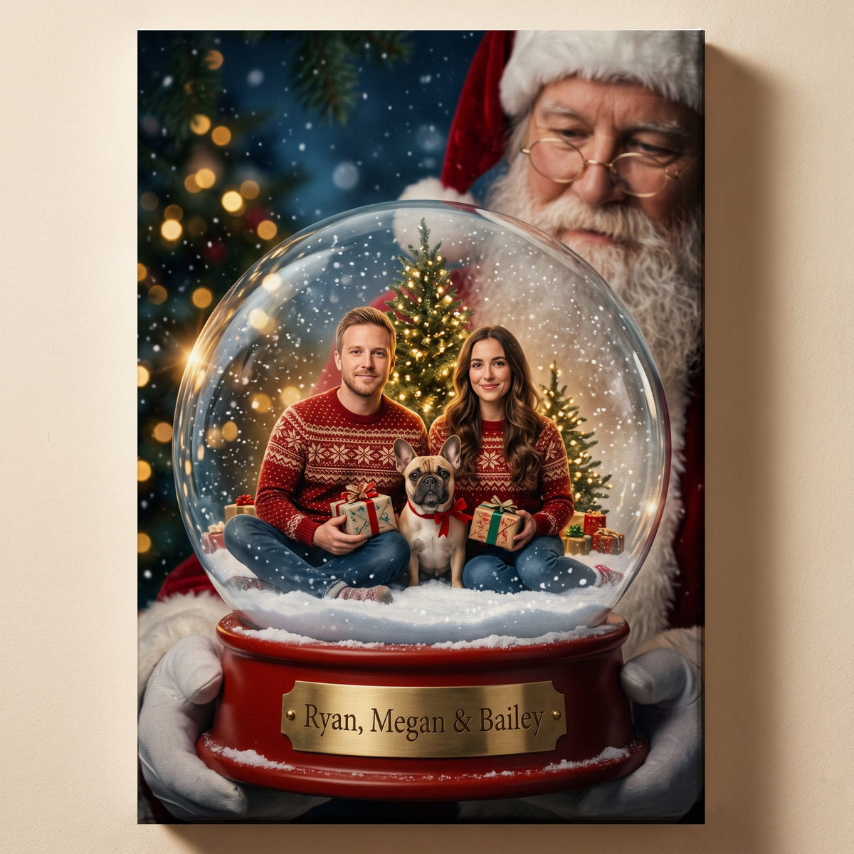 Personalized Christmas snow globe portrait shown on canvas