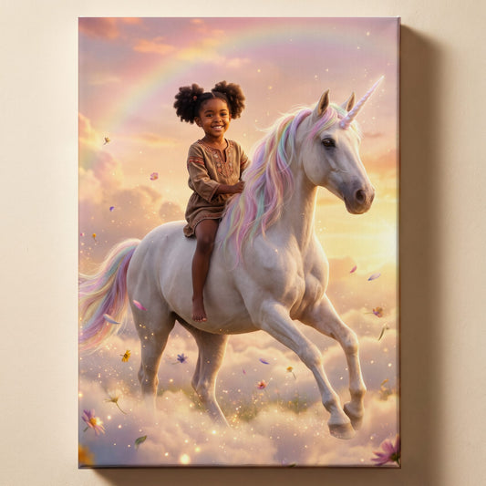 Personalized unicorn rider artwork shown on canvas
