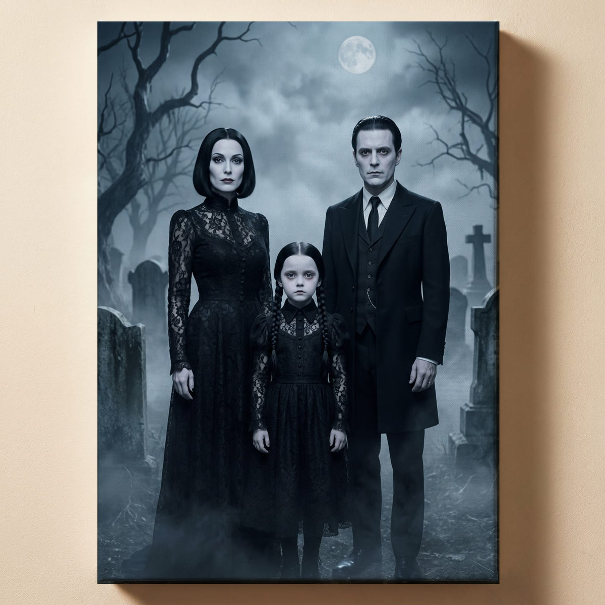 Personalized spooky gothic family portrait shown on canvas
