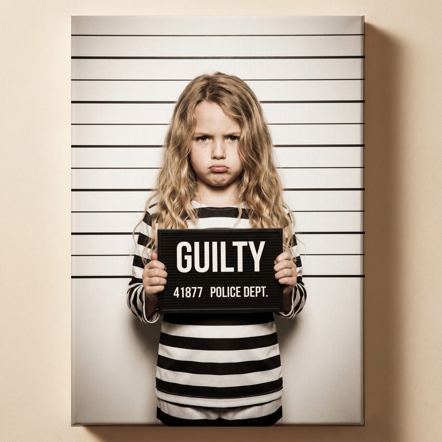 Personalized mugshot joke artwork shown on canvas