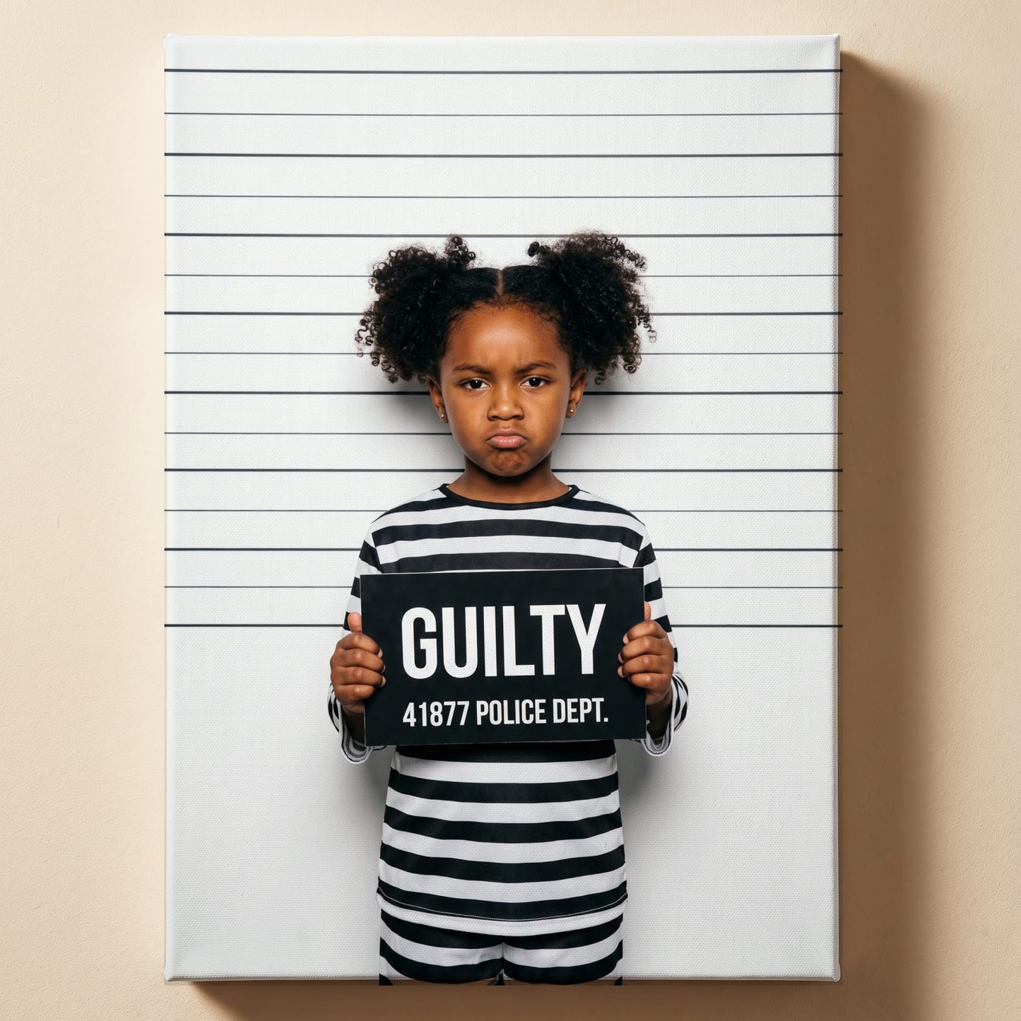Personalized mugshot joke artwork shown on canvas