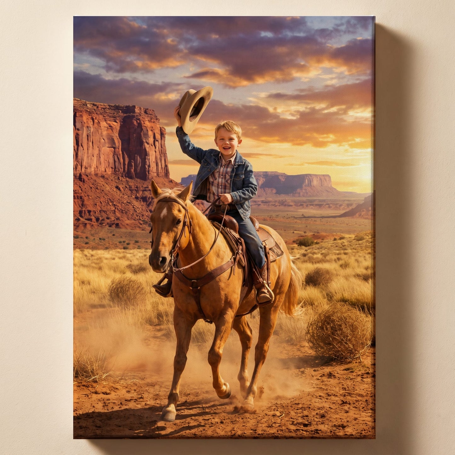 Personalized cowboy artwork shown on canvas
