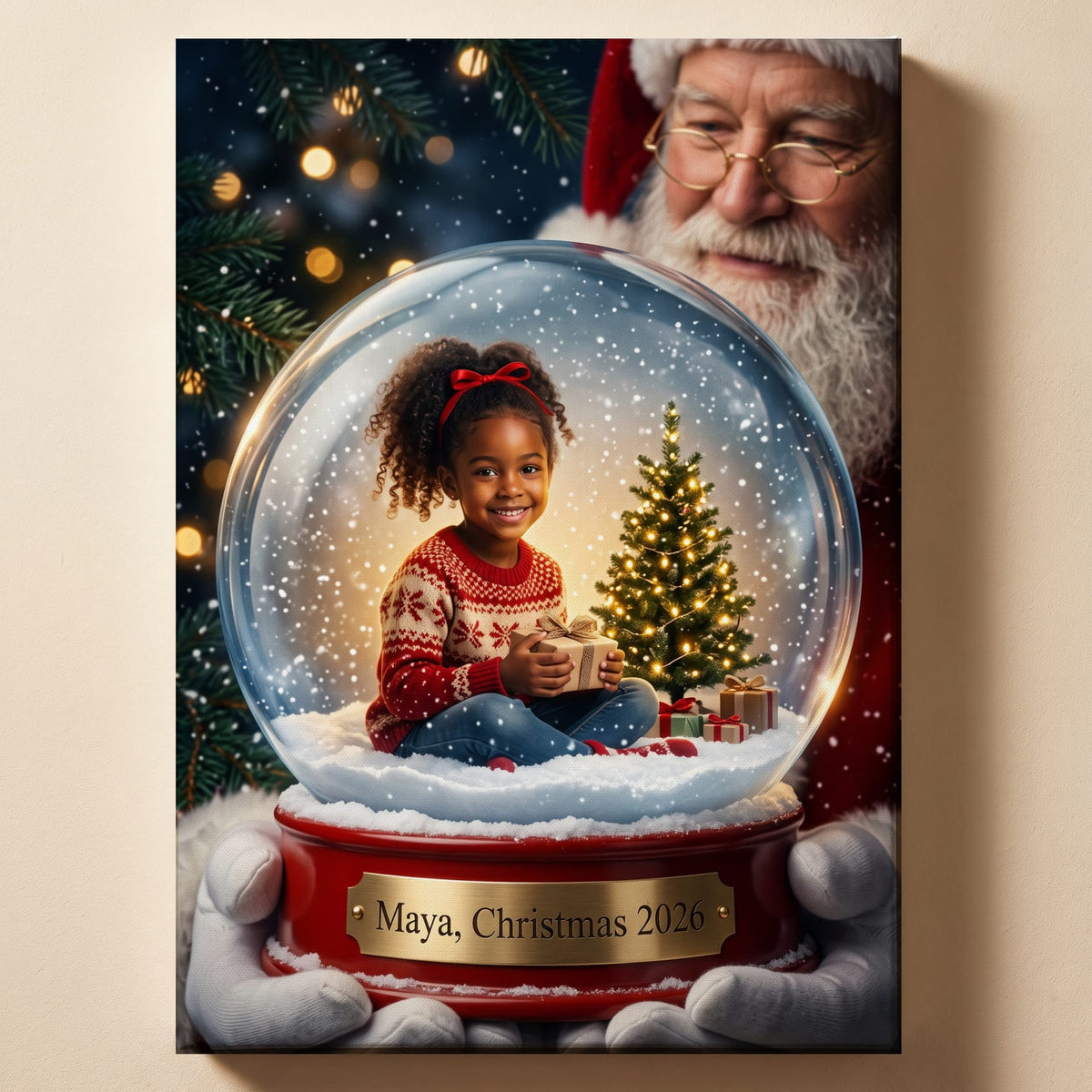 Personalized Christmas snow globe portrait shown on canvas