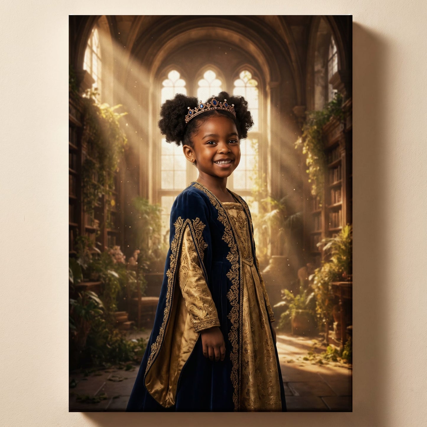 Personalized royal portrait artwork shown on canvas