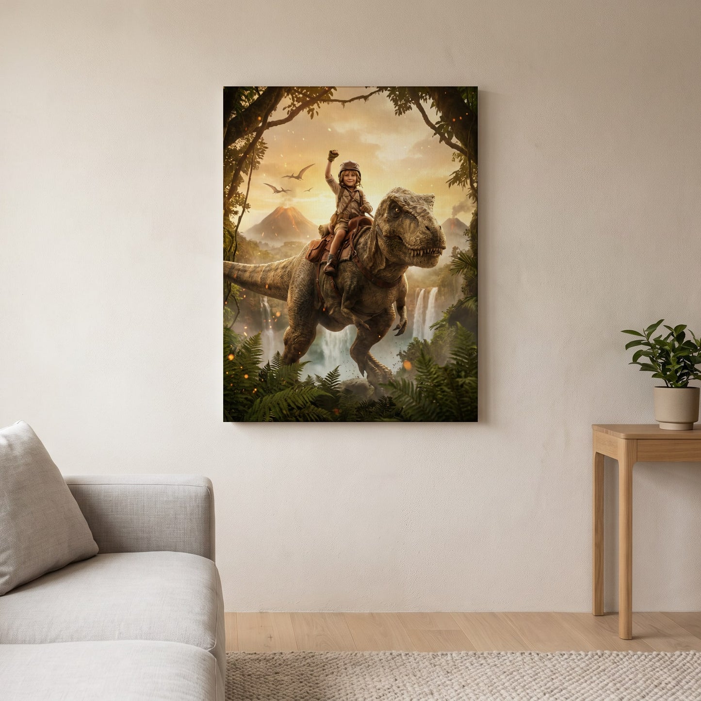 Personalized dinosaur rider artwork shown on canvas