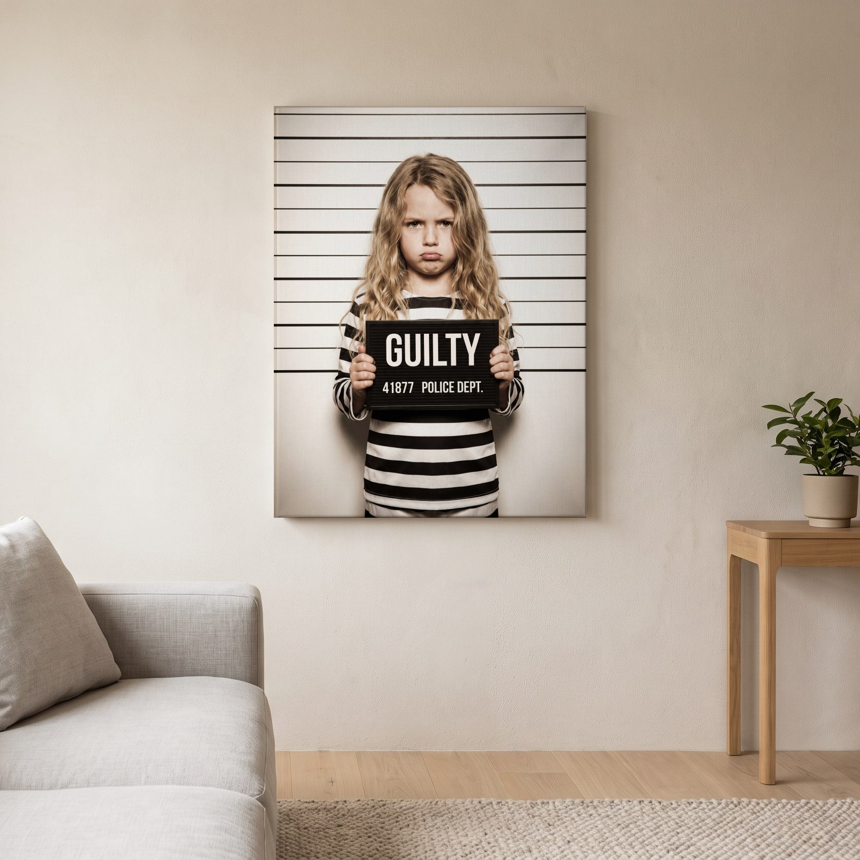 Personalized mugshot joke artwork shown on canvas