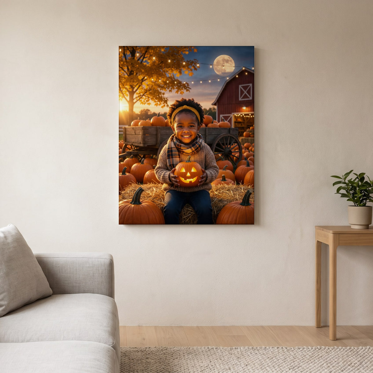 Personalized pumpkin patch autumn artwork shown on canvas