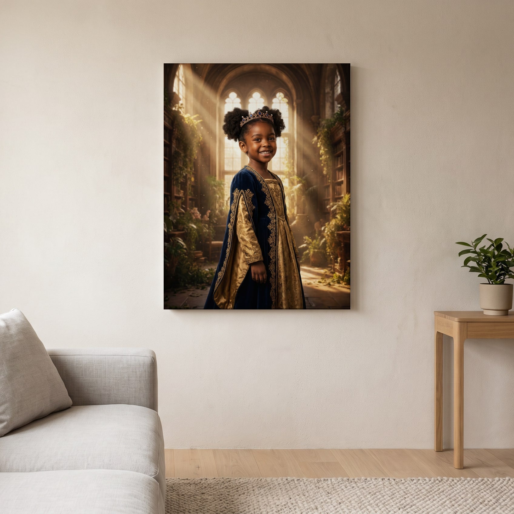 Personalized royal portrait artwork shown on canvas