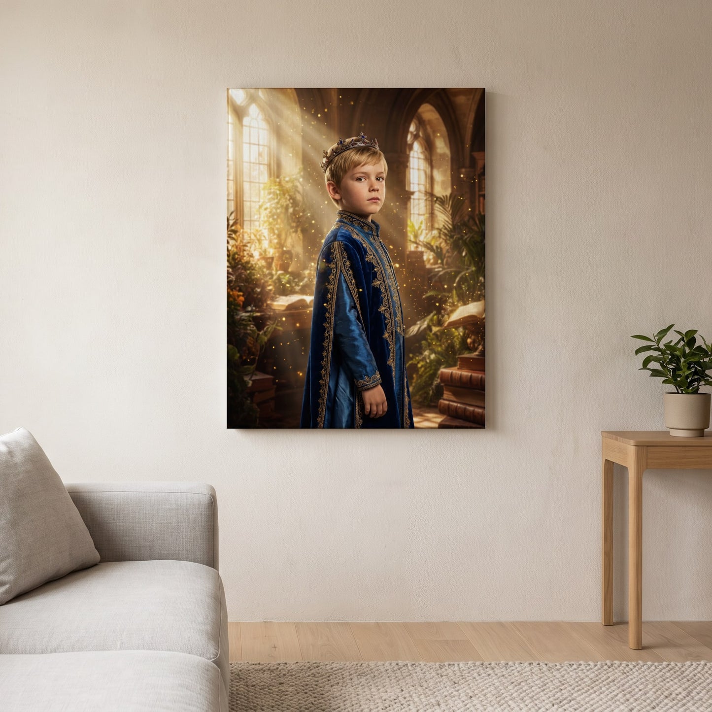 Personalized royal portrait artwork shown on canvas