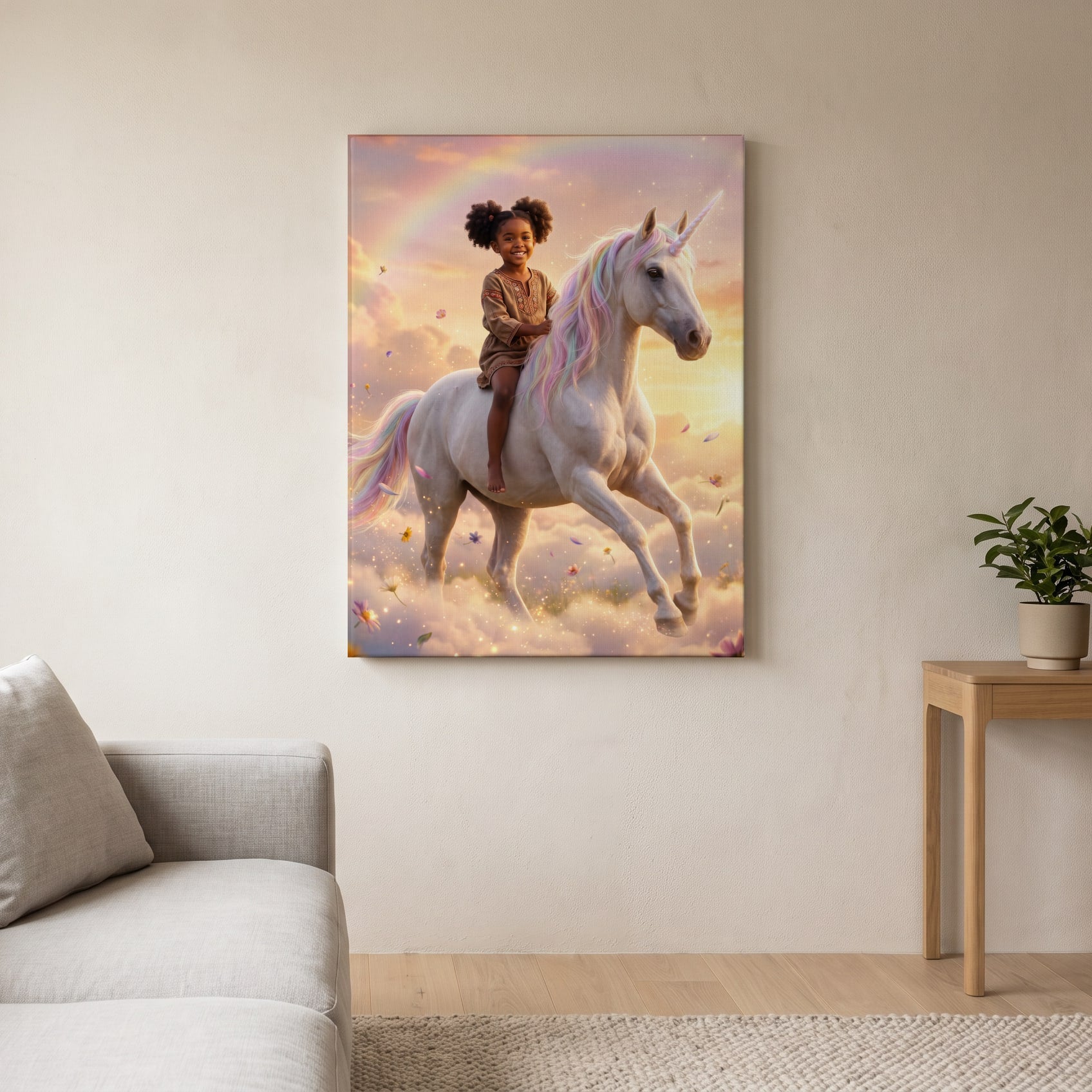 Personalized unicorn rider artwork shown on canvas