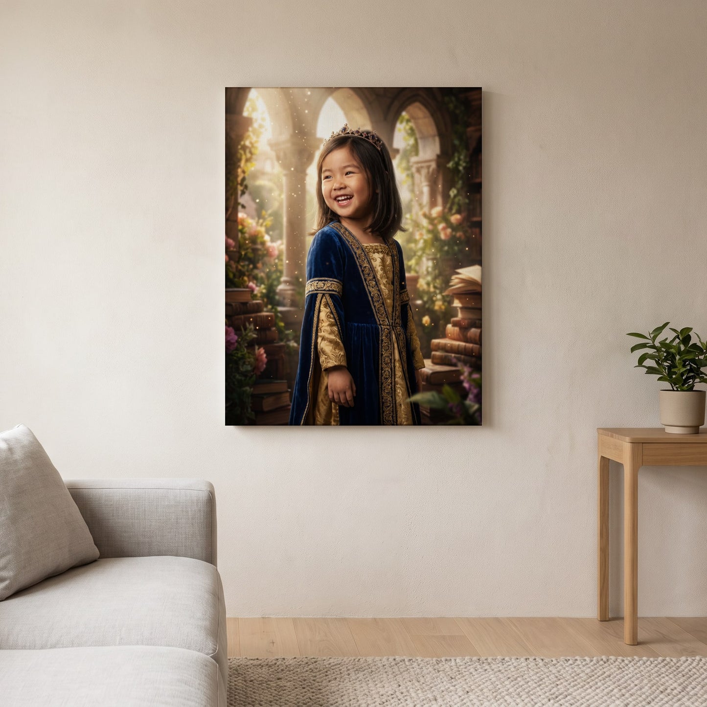 Personalized royal portrait artwork shown on canvas