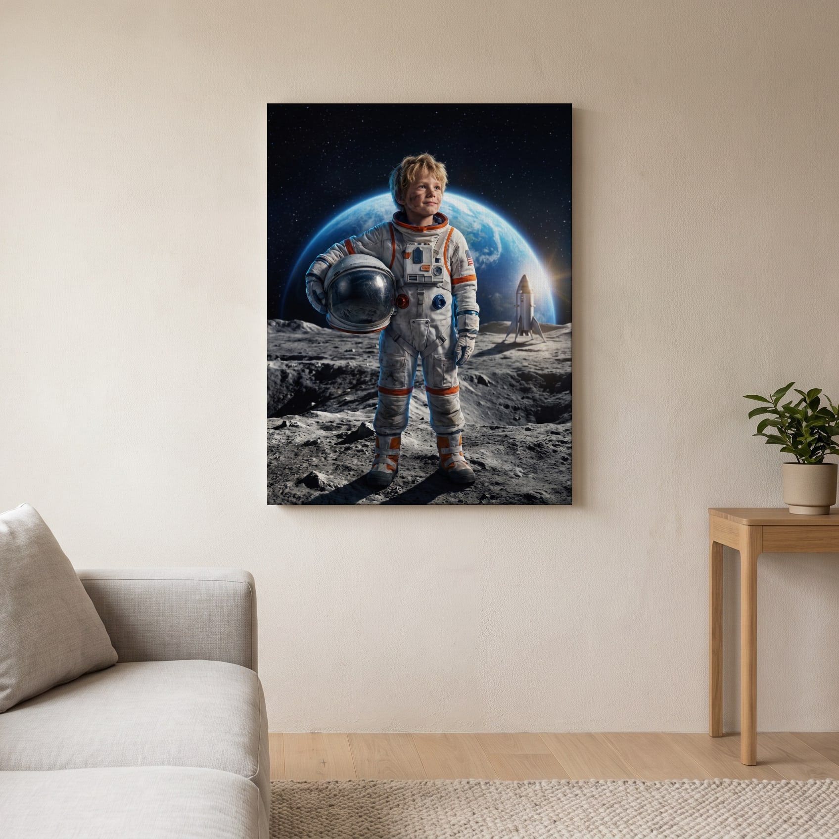 Personalized astronaut artwork shown on canvas