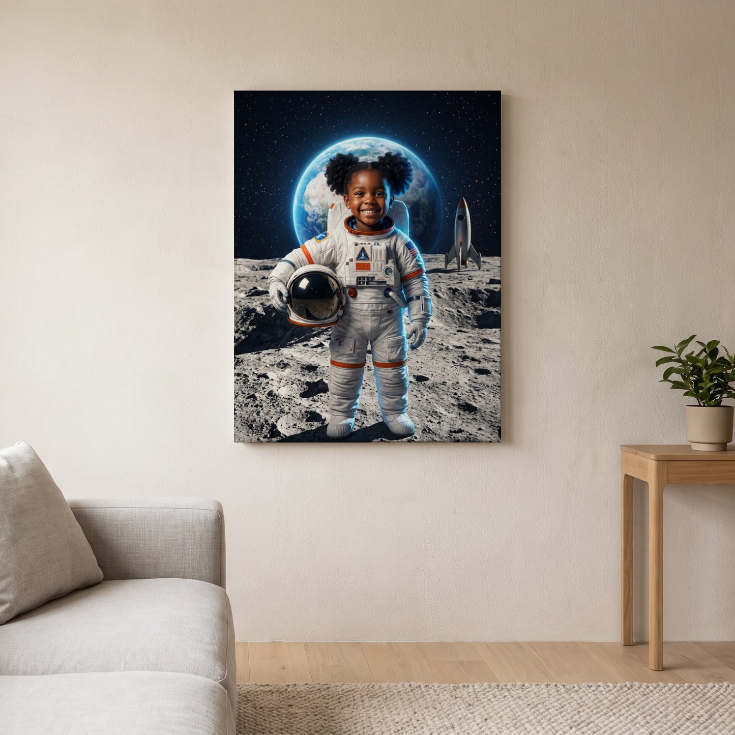 Personalized astronaut artwork shown on canvas