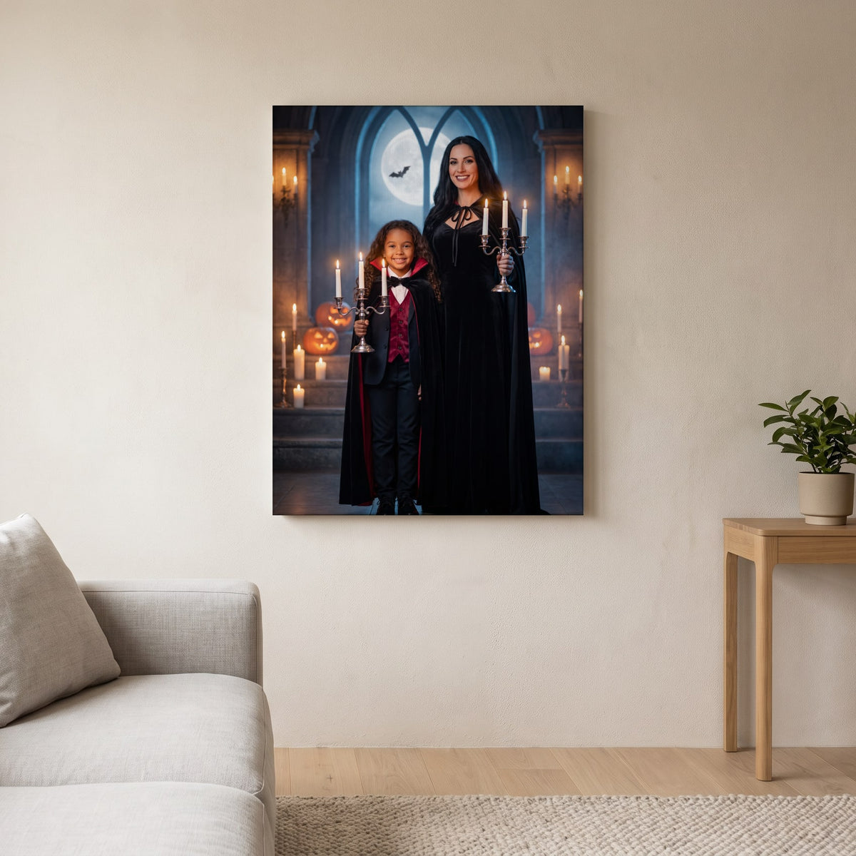 Personalized friendly vampire Halloween artwork shown on canvas
