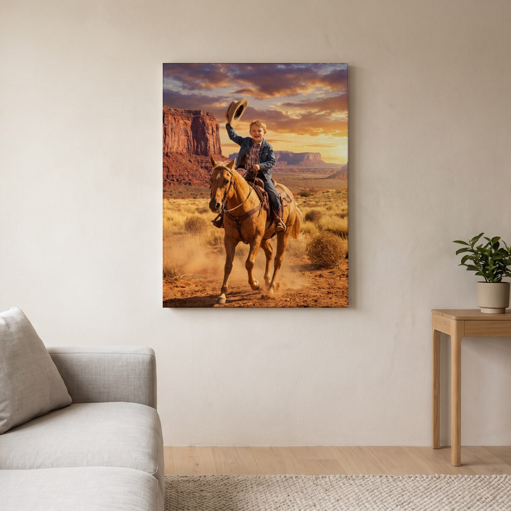Personalized cowboy artwork shown on canvas