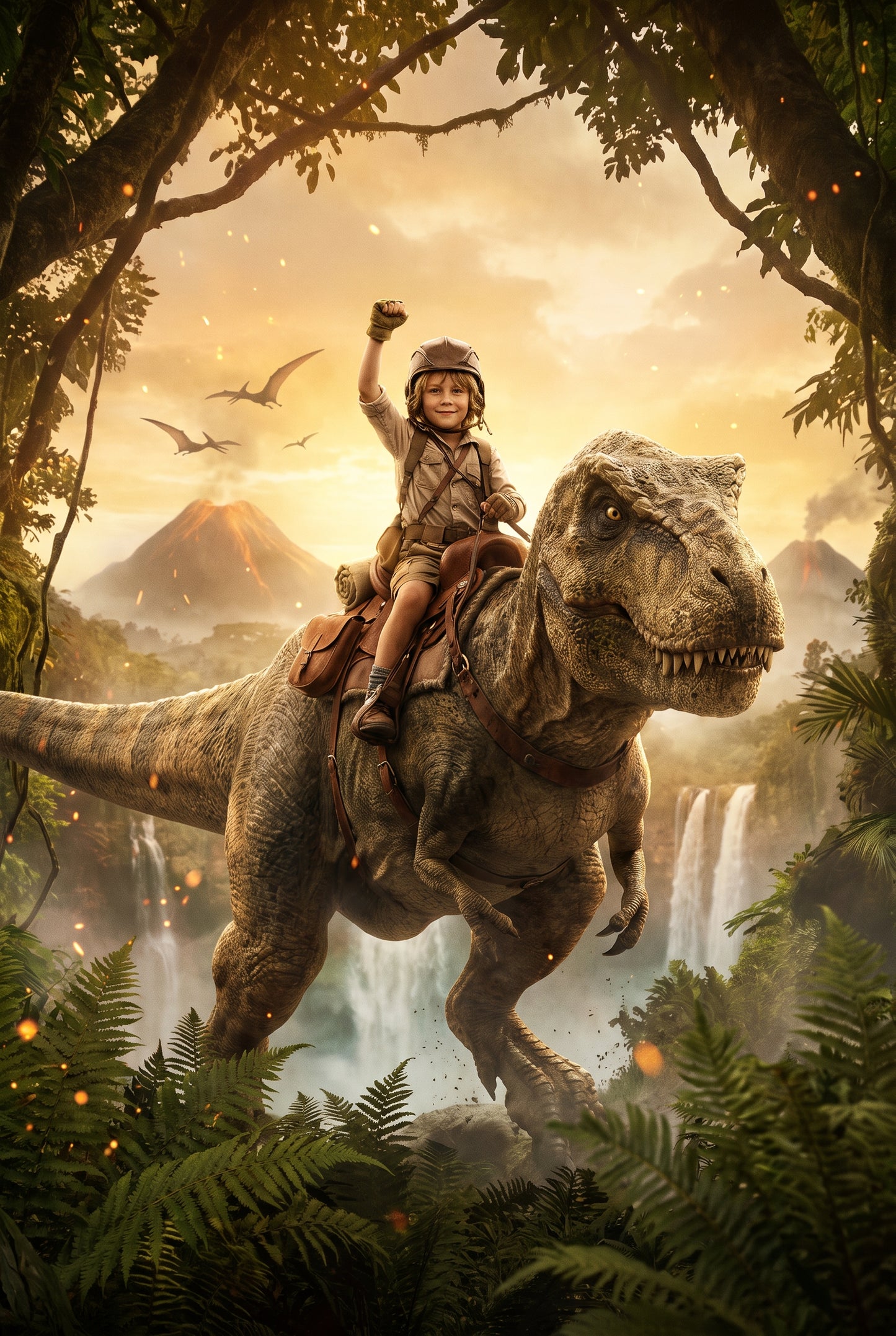 Personalized dinosaur rider artwork shown on canvas